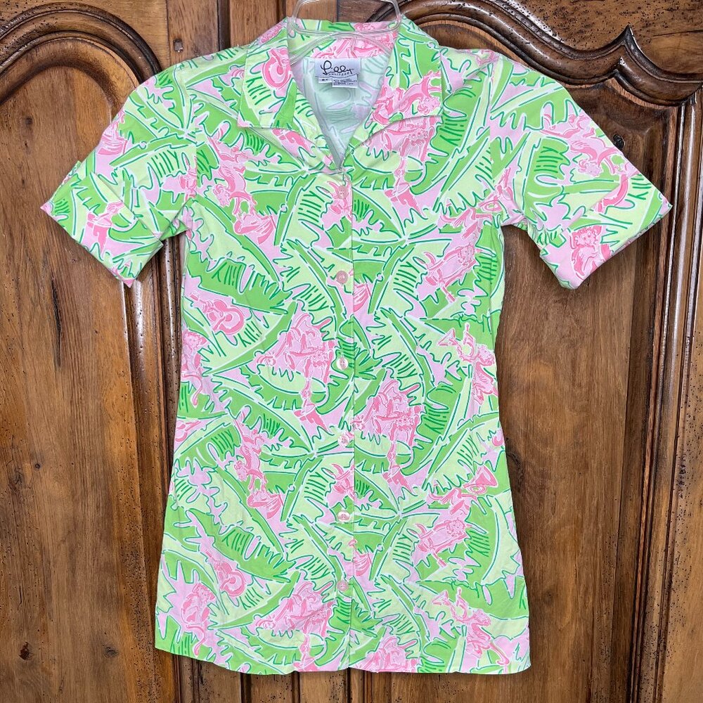Lilly Pulitzer Musical Monkeys Shirt Dress Vintage Girl's Size 6X Green Pink